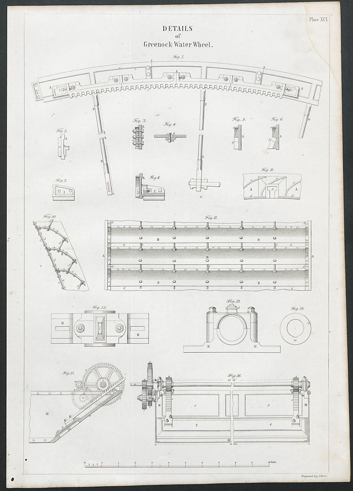 VICTORIAN ENGINEERING DRAWING Details of Greenock water wheel 1847 old print